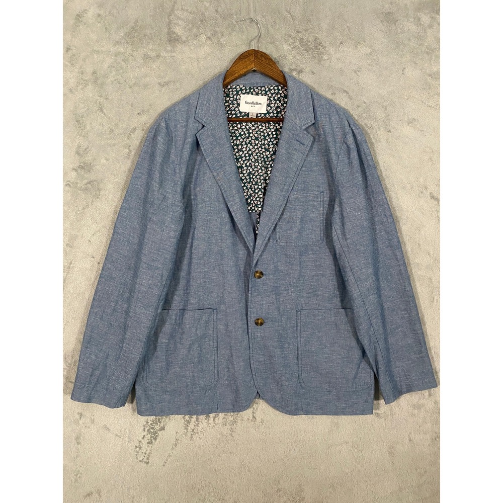 Goodfellow & Co Blazer Mens L Blue Chambray Cotton Linen Deconstructed Coastal